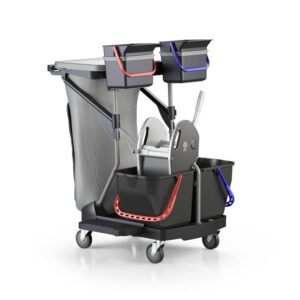Carrello lavapavimenti con accessori e porta sacco.